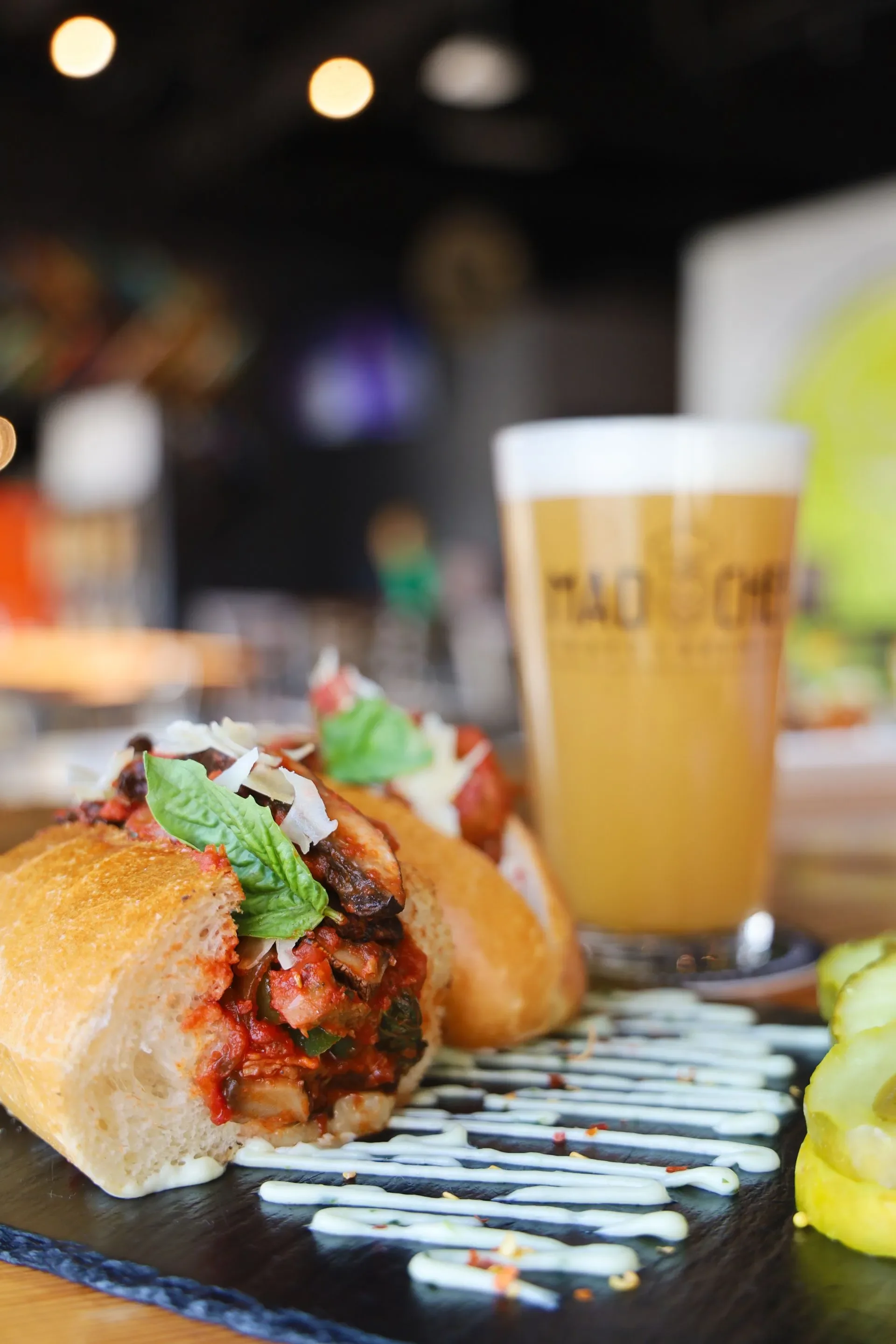 Italian meatball sub sandwich with craft beer