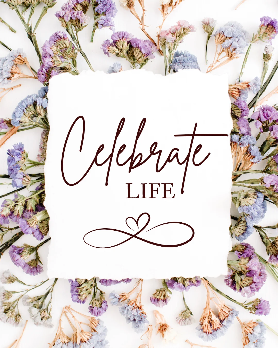 Inspirational quote 'Celebrate Life' surrounded by dried flowers