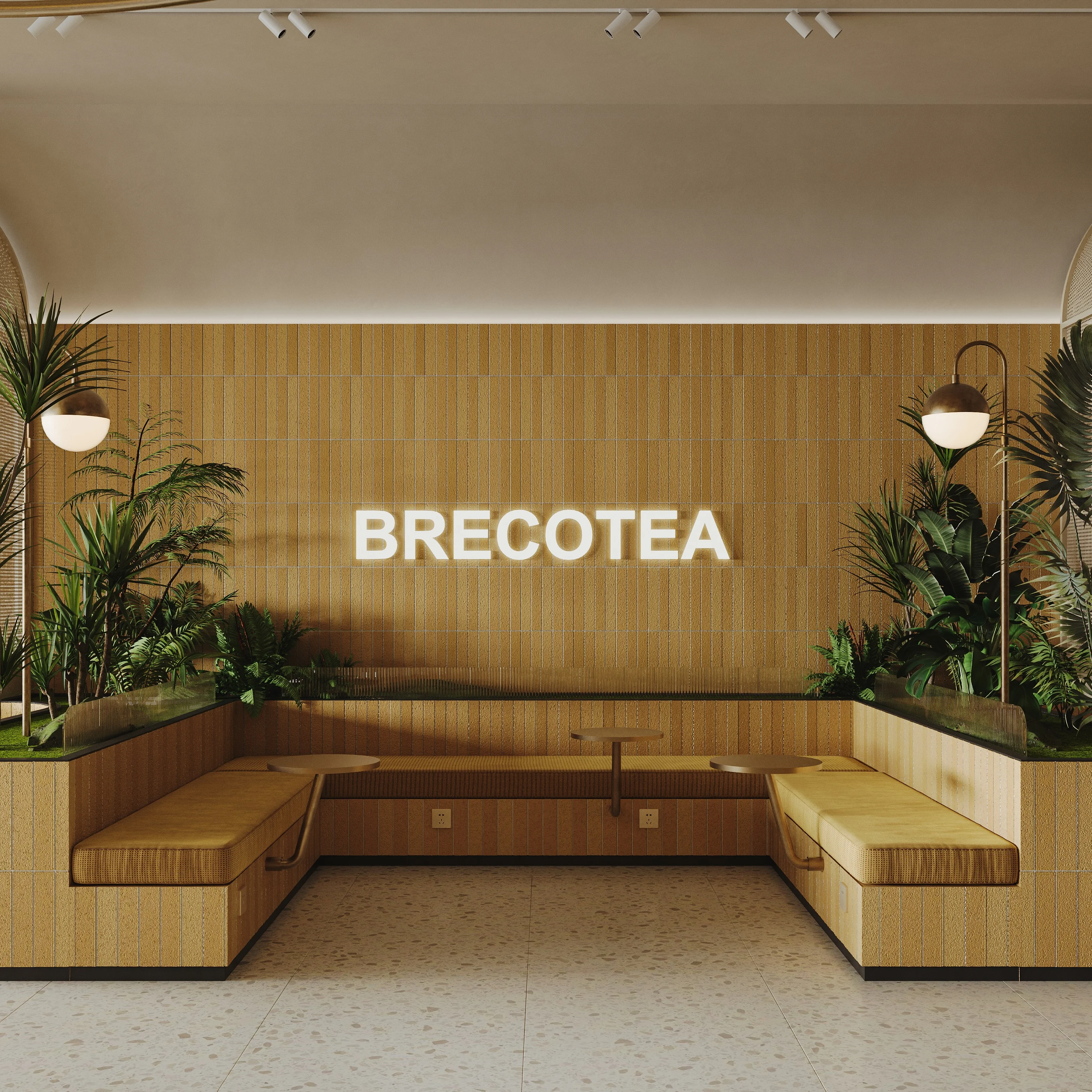 Modern restaurant interior with greenery and cozy seating