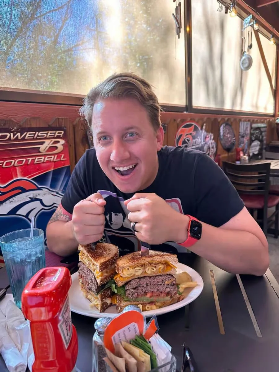 Giant cheeseburger with grilled cheese sandwich buns
