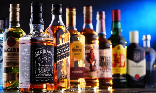 Selection of premium spirits on a bar shelf