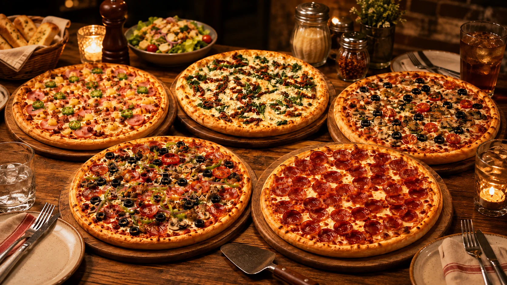 Variety of pizzas on a rustic wooden table in a cozy restaurant setting