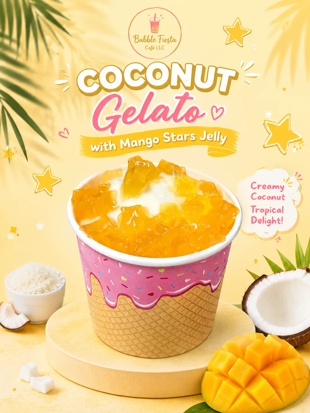 Coconut gelato with mango jelly stars in a colorful cup