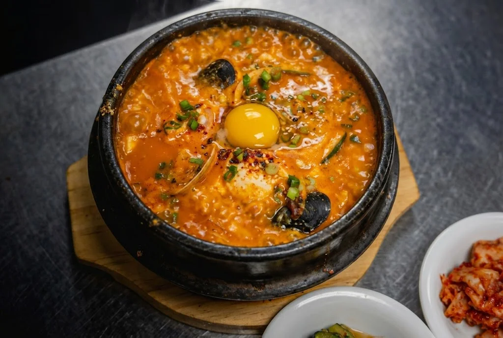 Korean budae jjigae in a hot stone pot