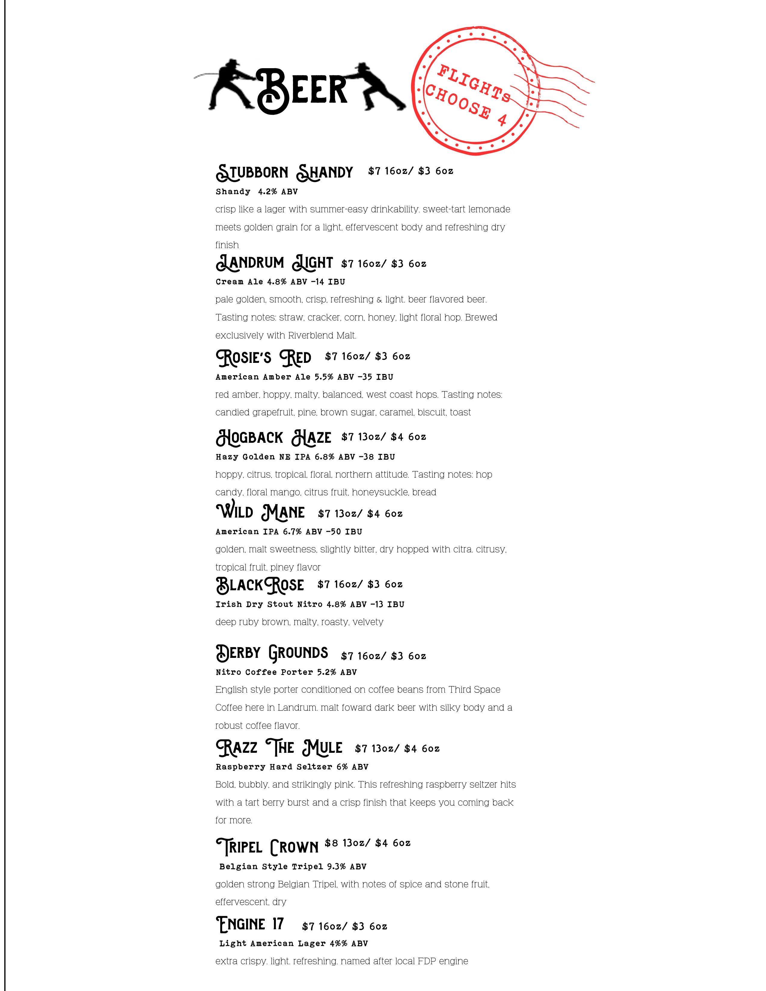 Drink menu featuring a variety of cocktails and beverages at Stubborn Mule.