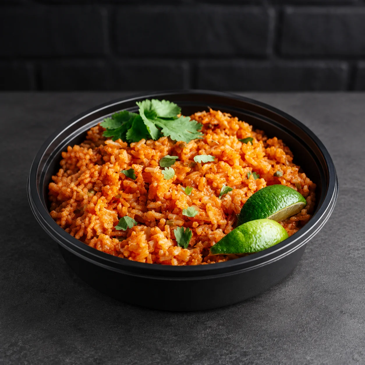 Nigerian jollof rice garnished with lime and cilantro in a black bowl