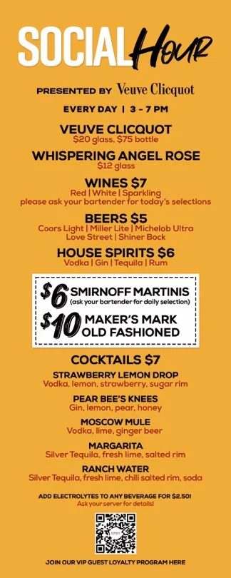 Drink menu featuring various cocktails and beverages for social hour.