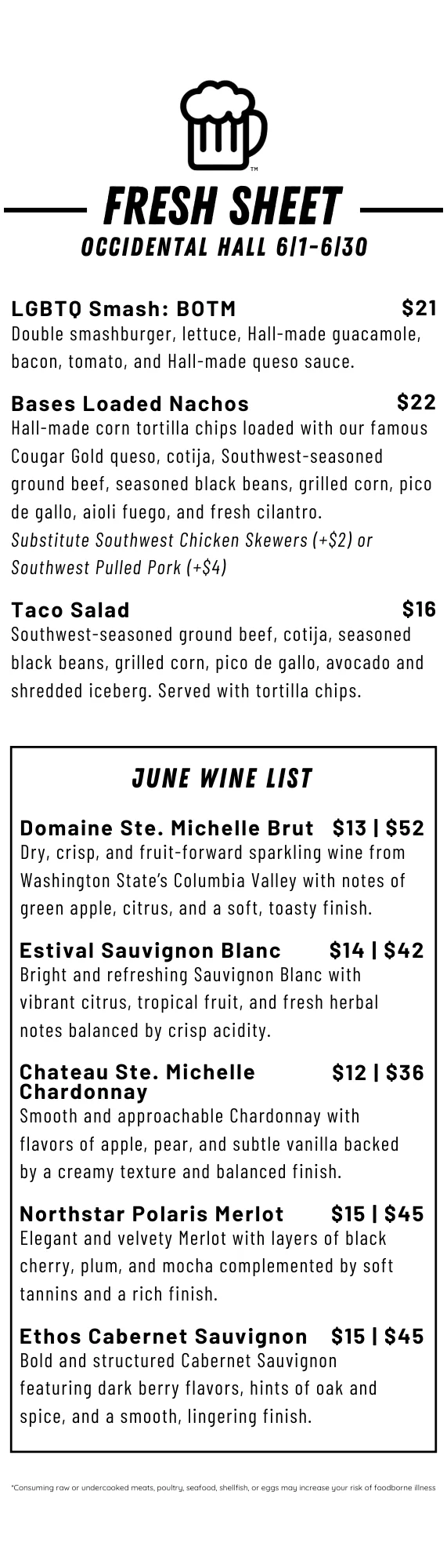 Fresh sheet menu for May 2026 featuring seasonal dishes and specials.