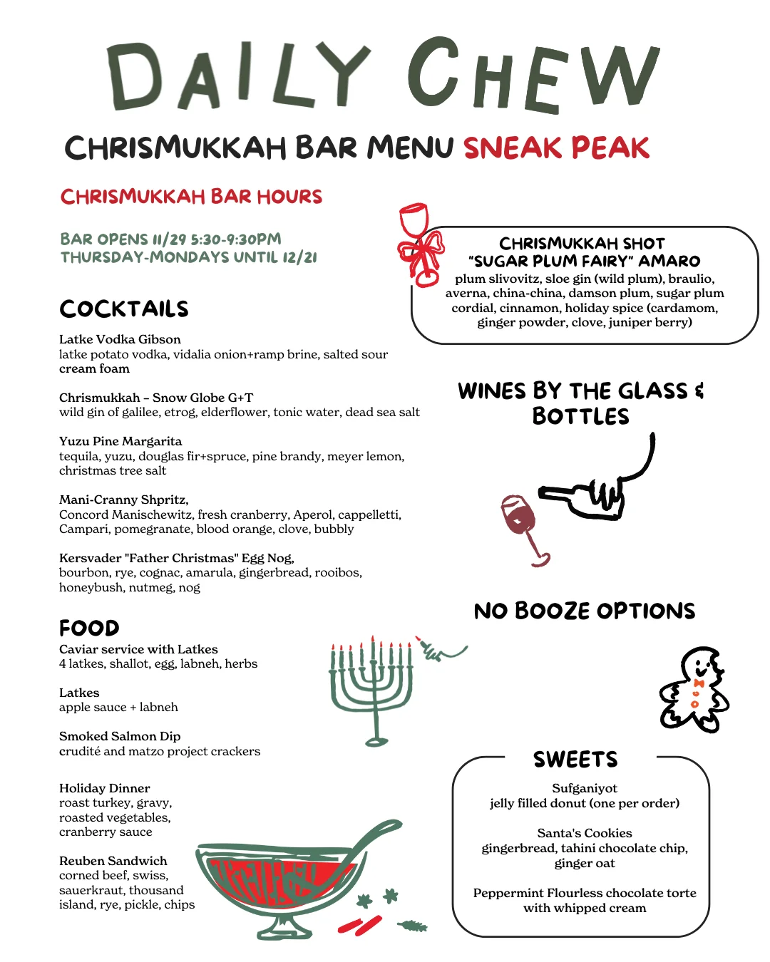Festive Chrismukkah bar menu featuring cocktails and holiday dishes