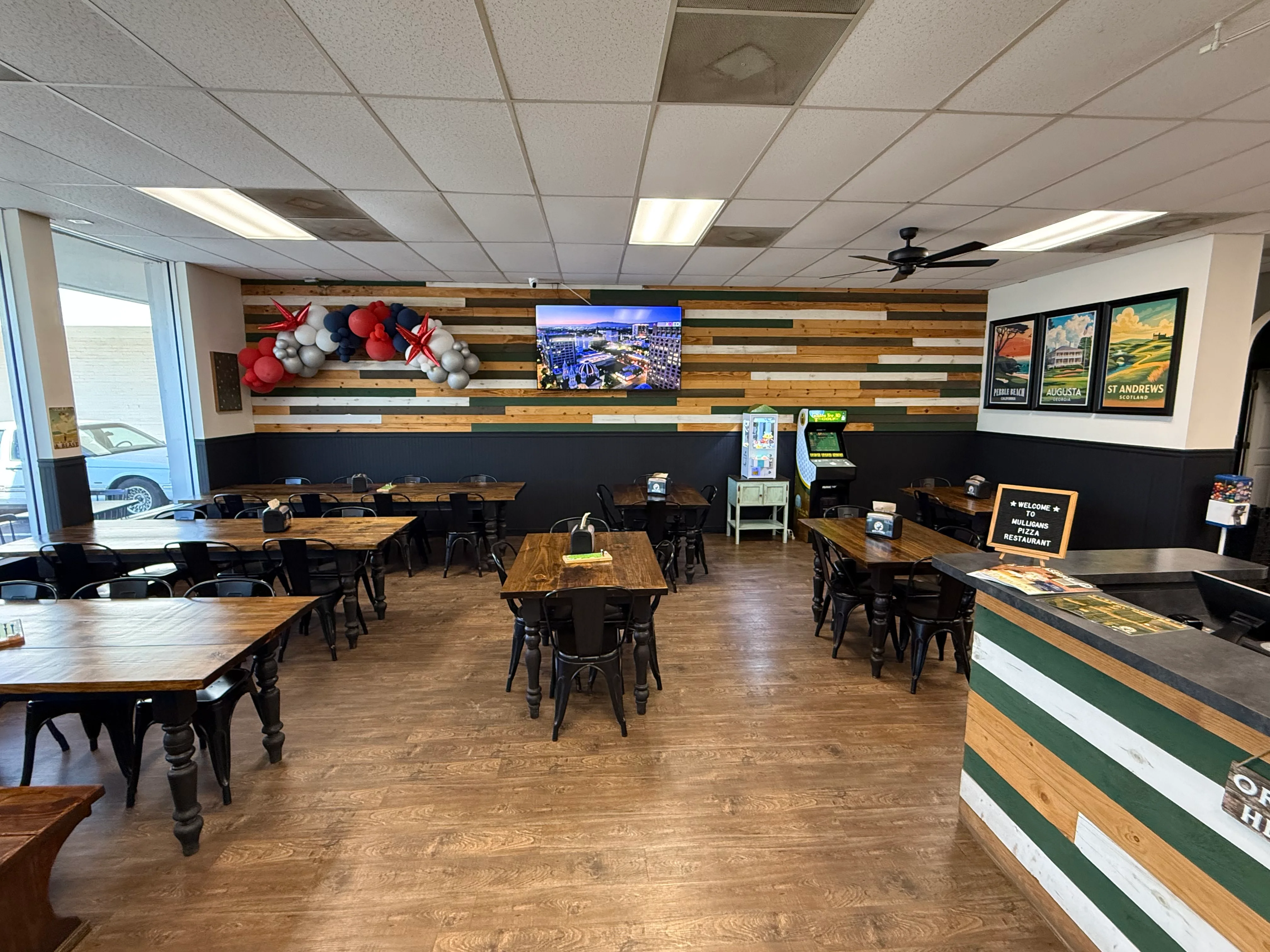 Cozy restaurant interior with wooden tables and colorful decor