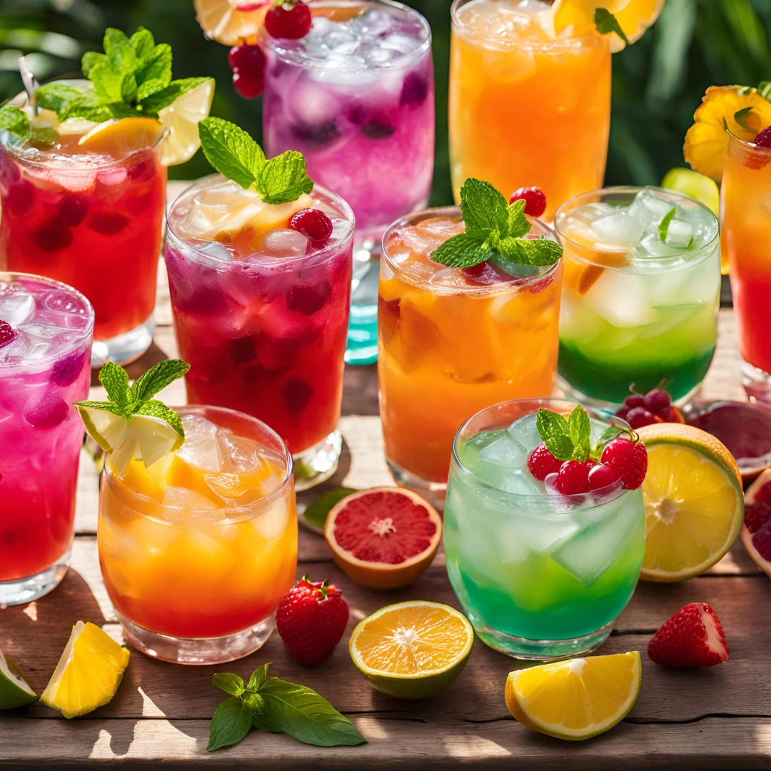 Colorful assortment of tropical cocktails with fresh fruit garnishes