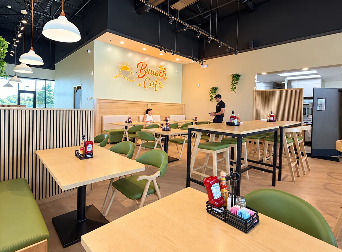 Bright modern cafe dining area with green chairs and pendant lighting