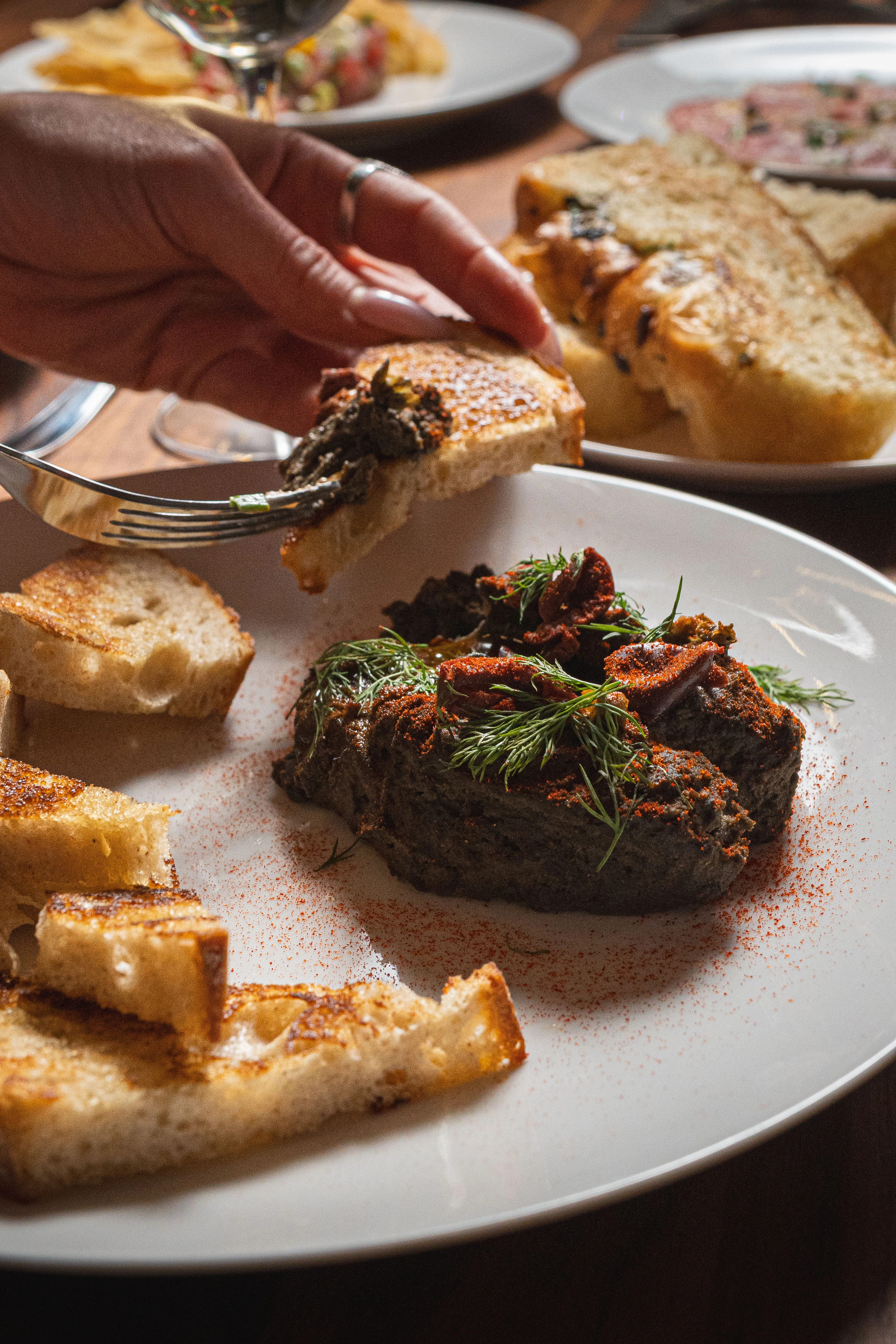 Savory French pâté served with toasted bread and herbs