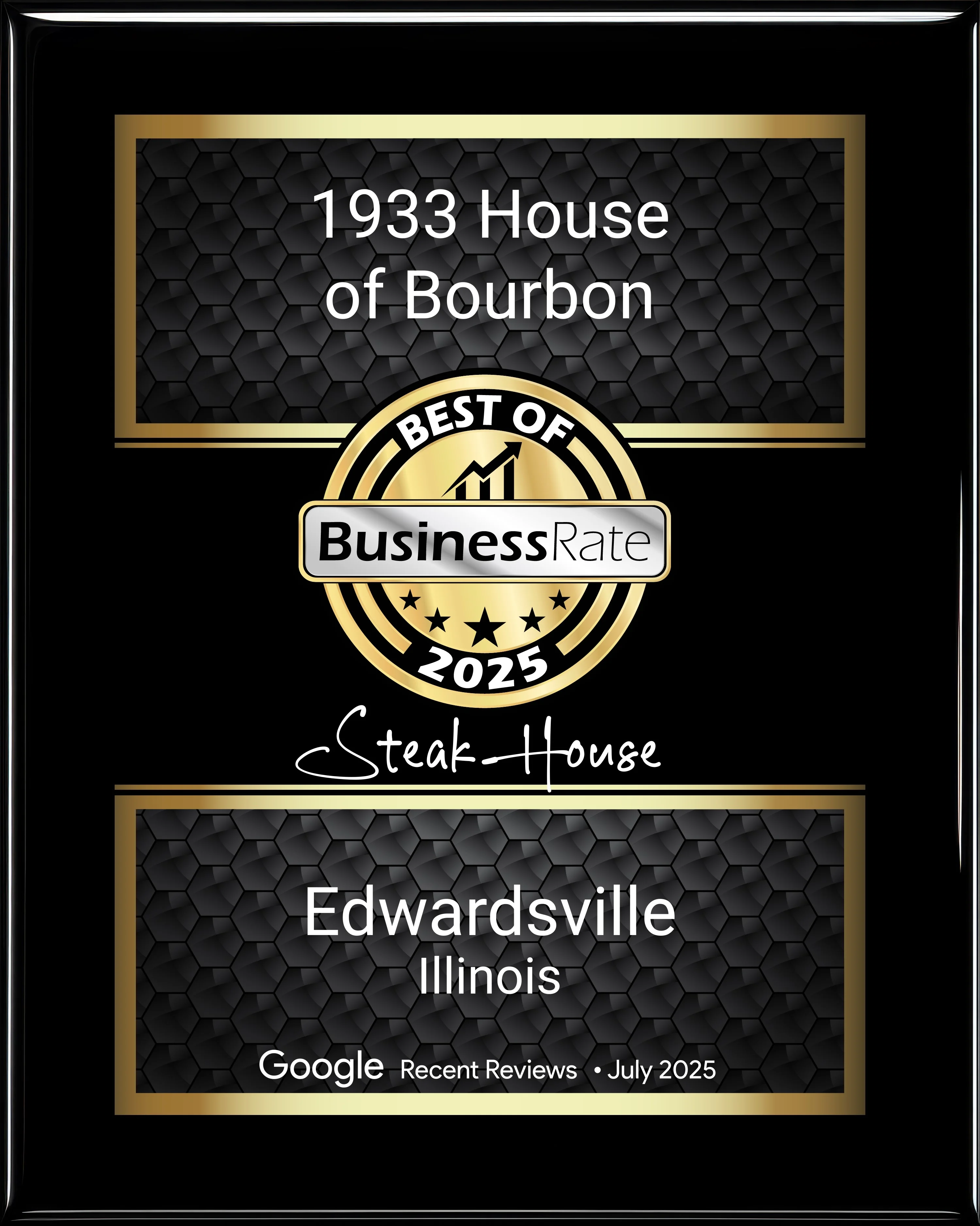 Award plaque for 1933 House of Bourbon, Best Steakhouse 2025