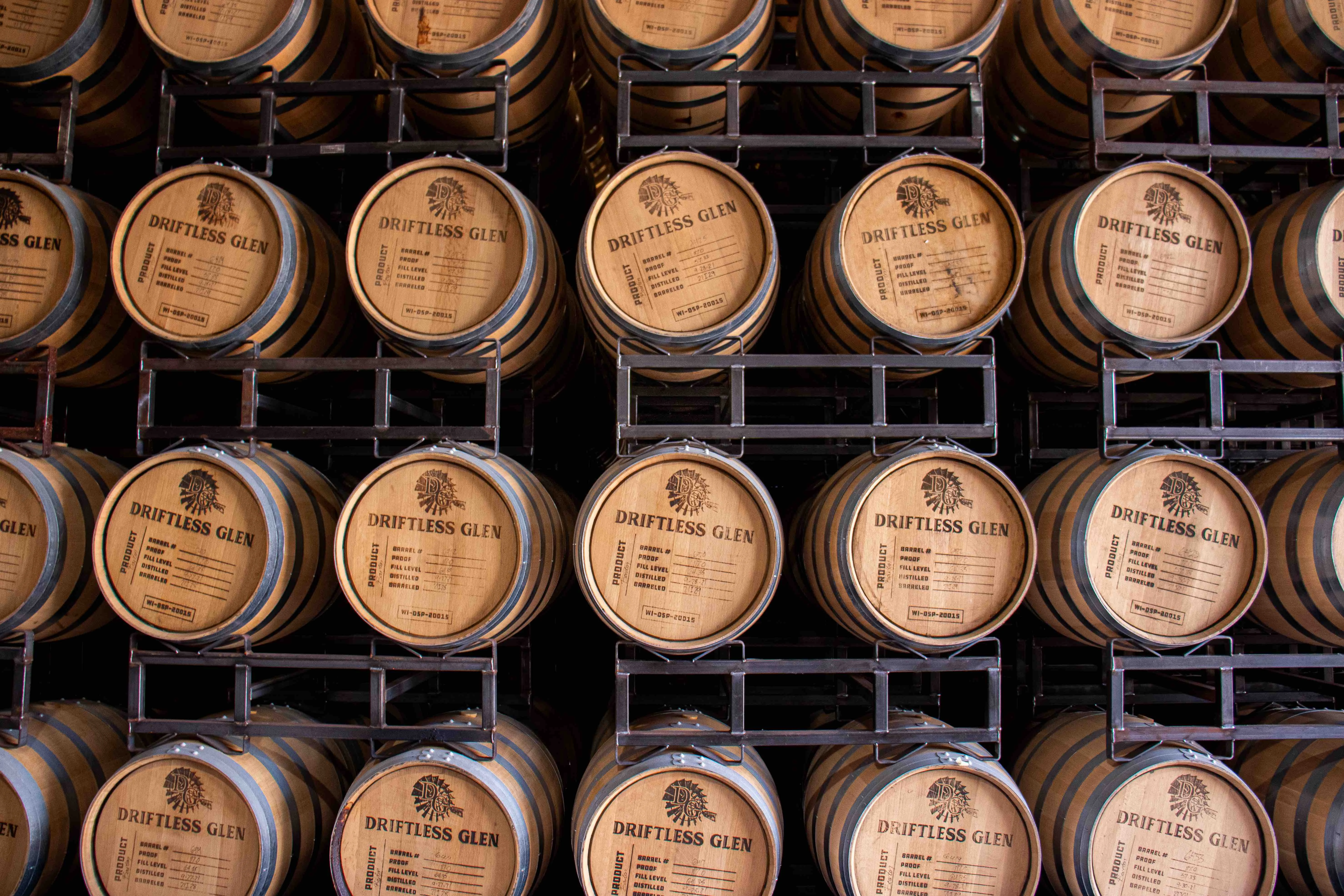 Barrels fill the entire rackhouse, with the barrelheads facing out.