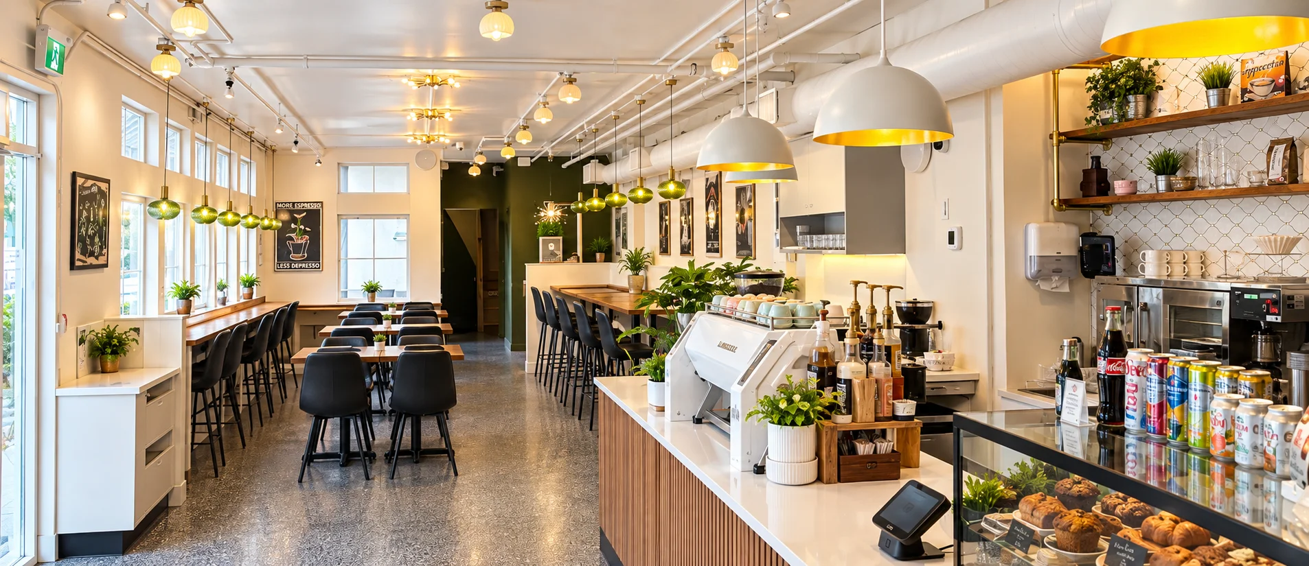 Bright modern cafe interior with pendant lighting, plants, pastry case, and coffee counter