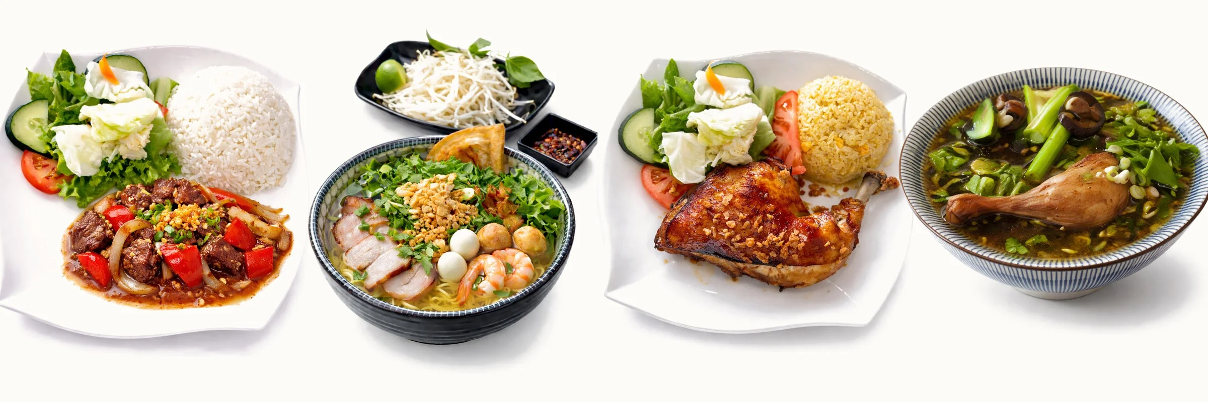 Vietnamese cuisine spread with shaking beef, noodle bowl, roasted chicken, and soup
