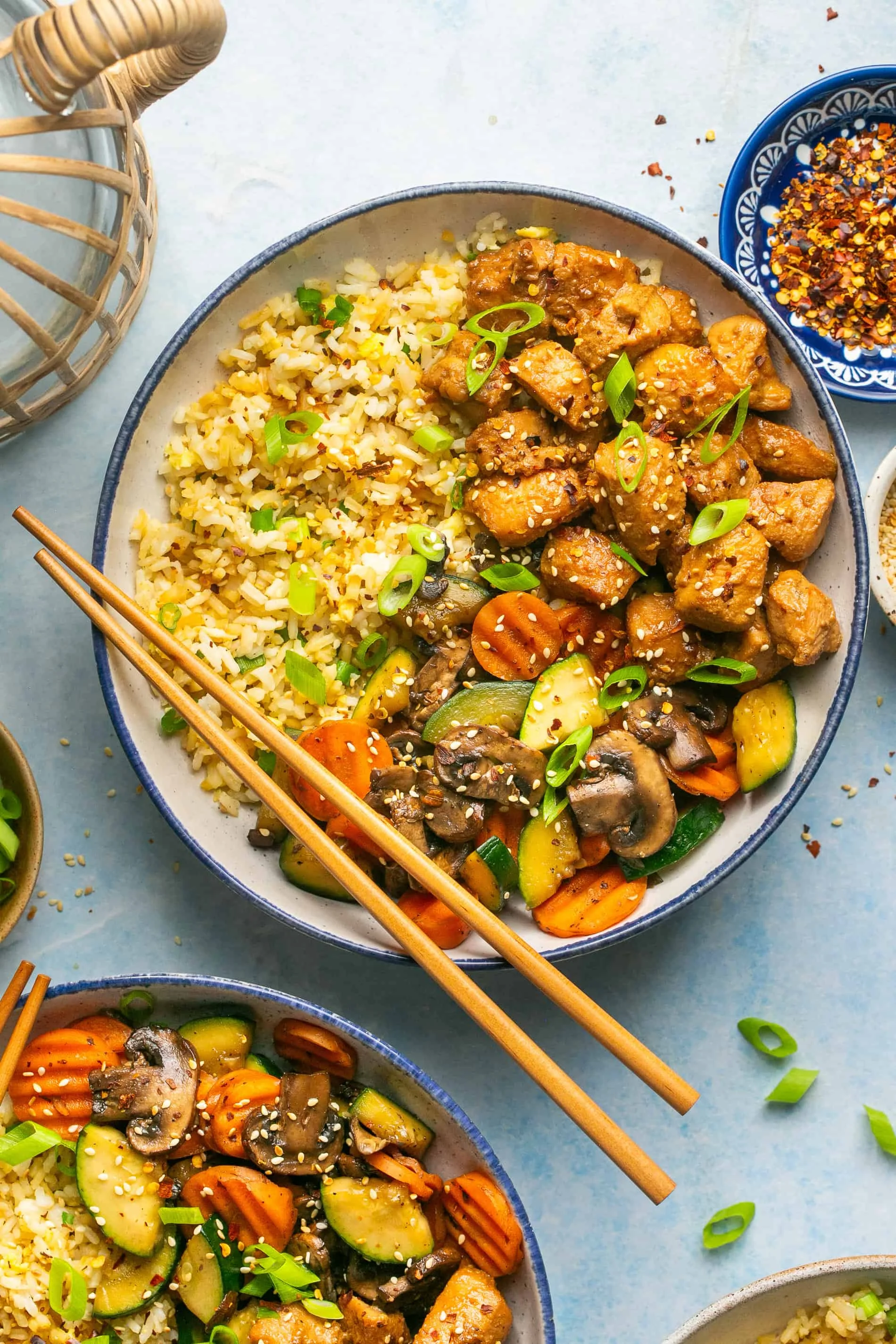 Colorful Asian stir-fry with rice and vegetables