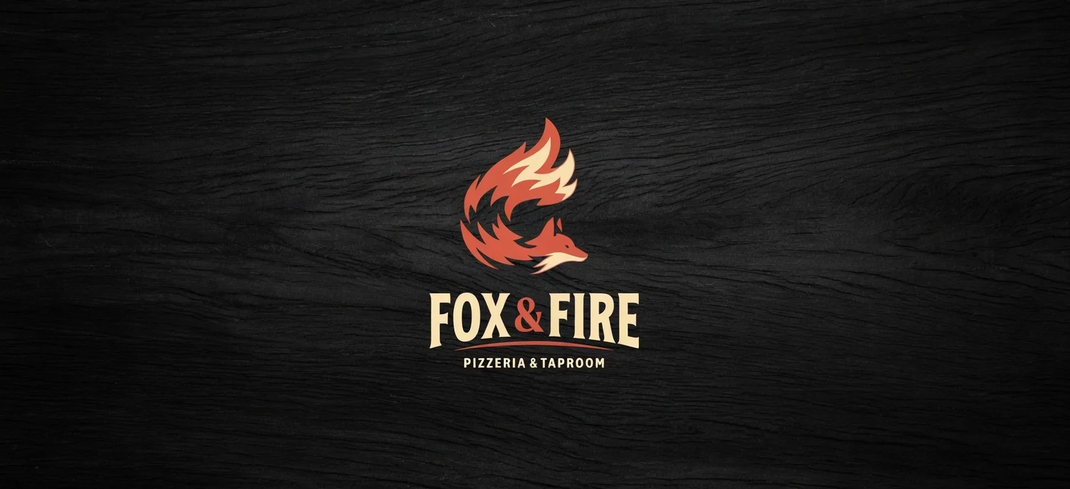 Fox & Fire Pizzeria & Taproom logo on dark wood background — Coming soon to Carson City, NV