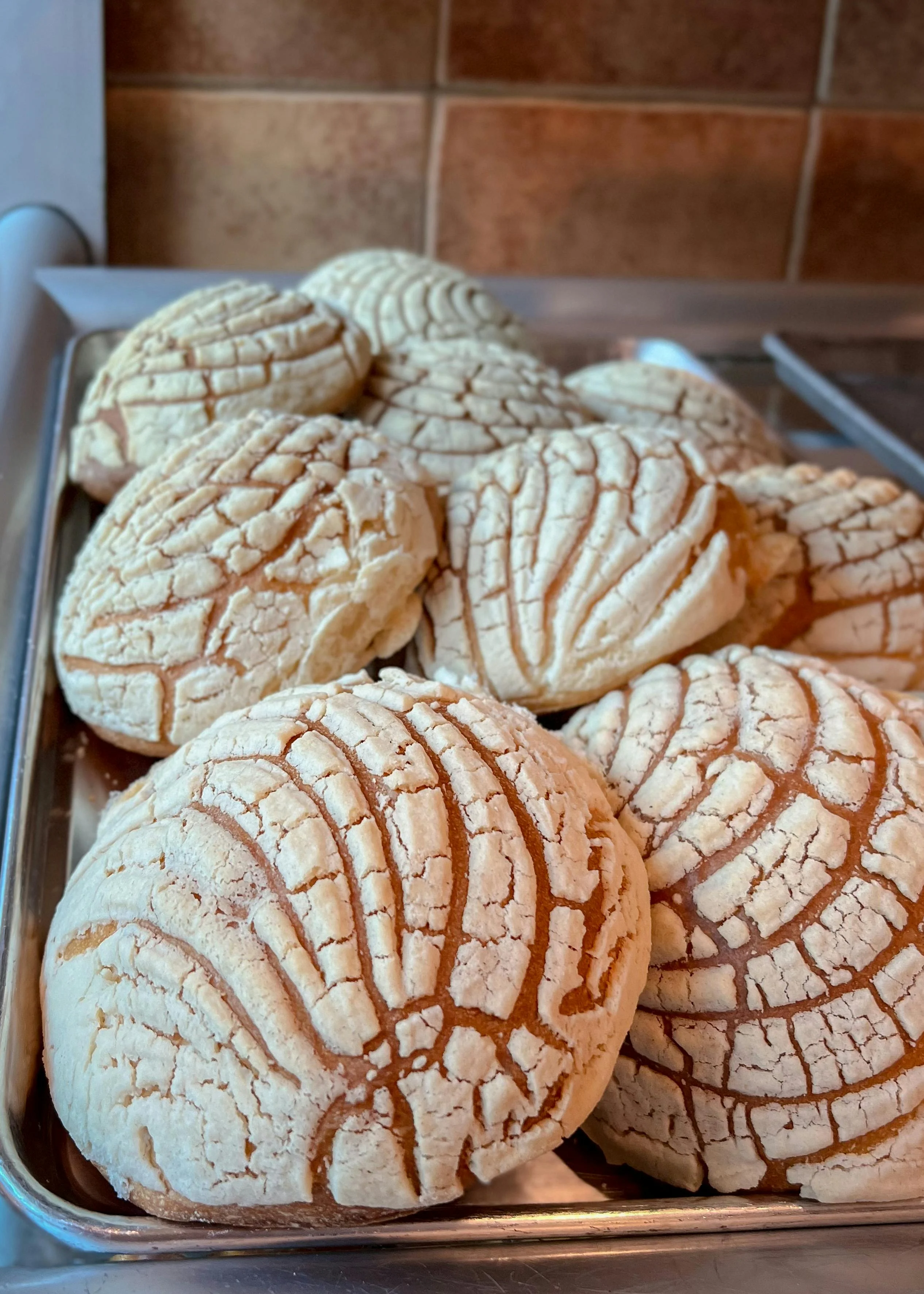 Freshly baked Mexican conchas on a tray