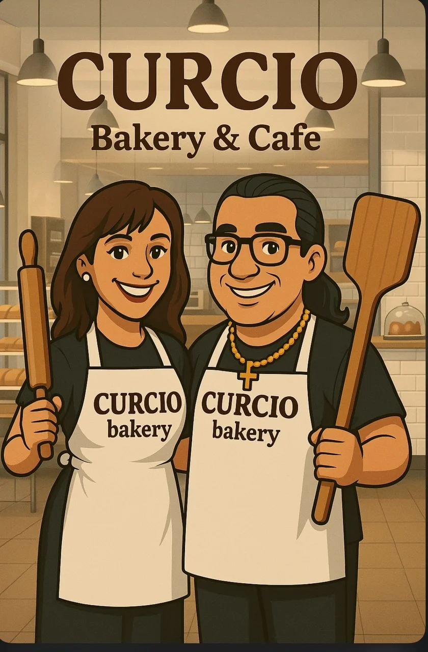Illustration of Curcio Bakery & Cafe owners in a cozy bakery setting