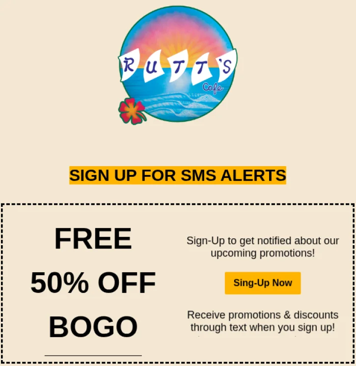SMS sign-up graphic for restaurant promotions and updates