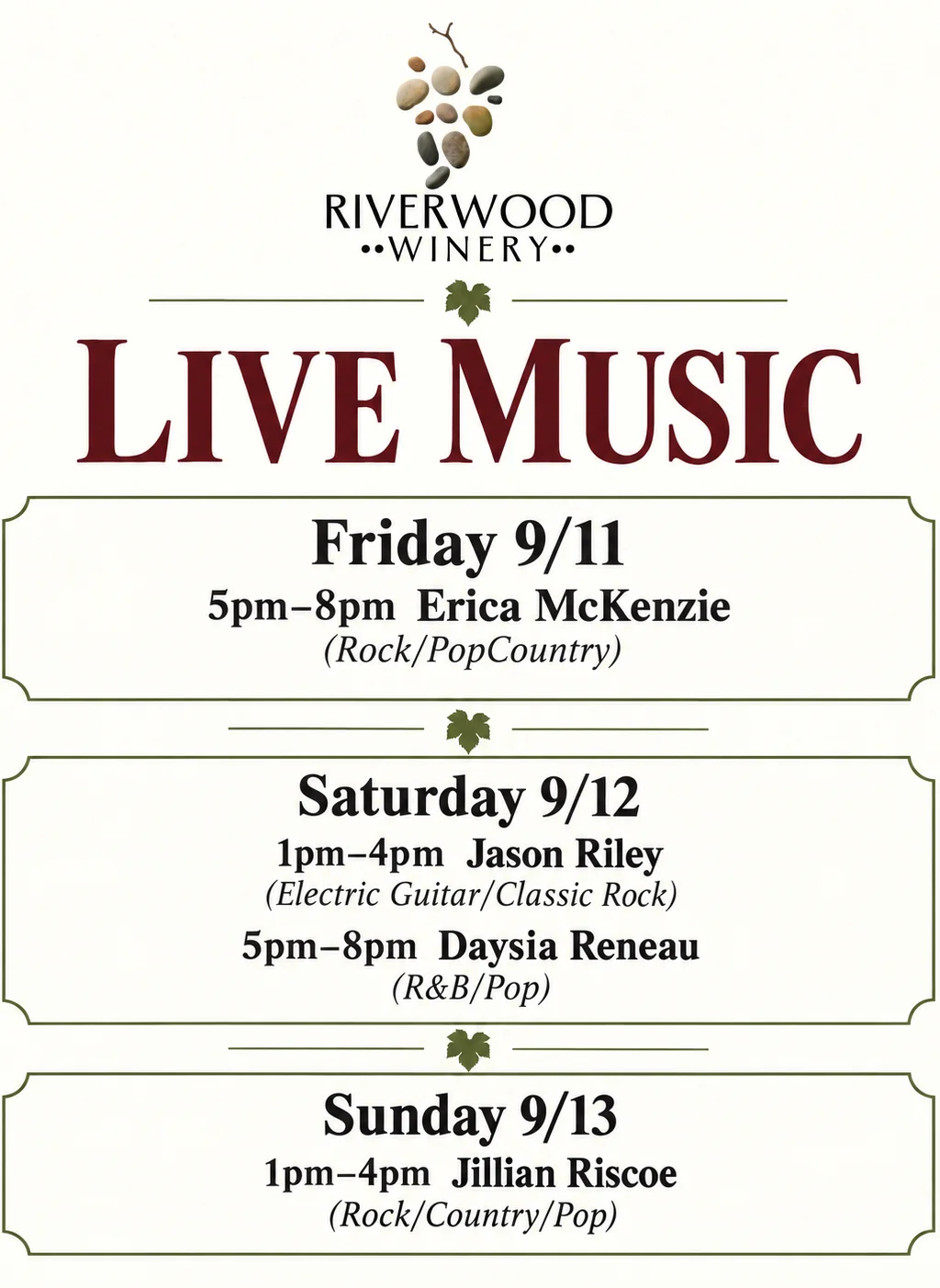 Labor Day live music schedule at Riverwood Winery with guitar and microphone graphics