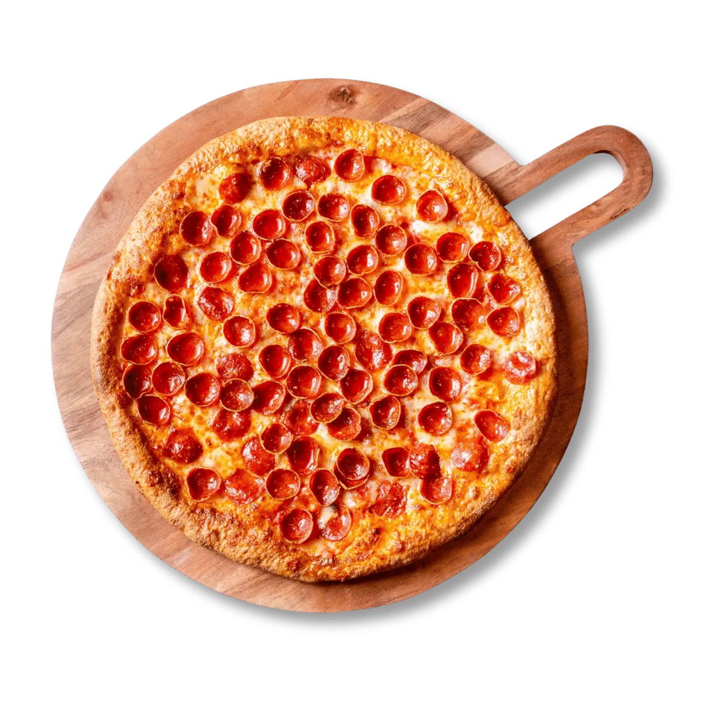 Classic pepperoni pizza on a wooden board