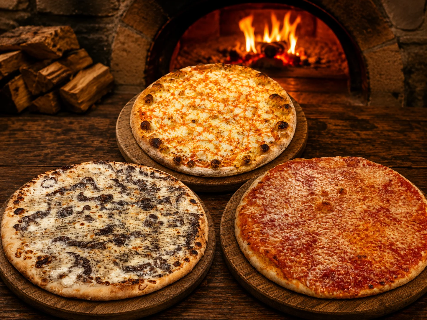 Three different pizzas on wooden boards, each featuring unique toppings. The background features a brick oven with flames.