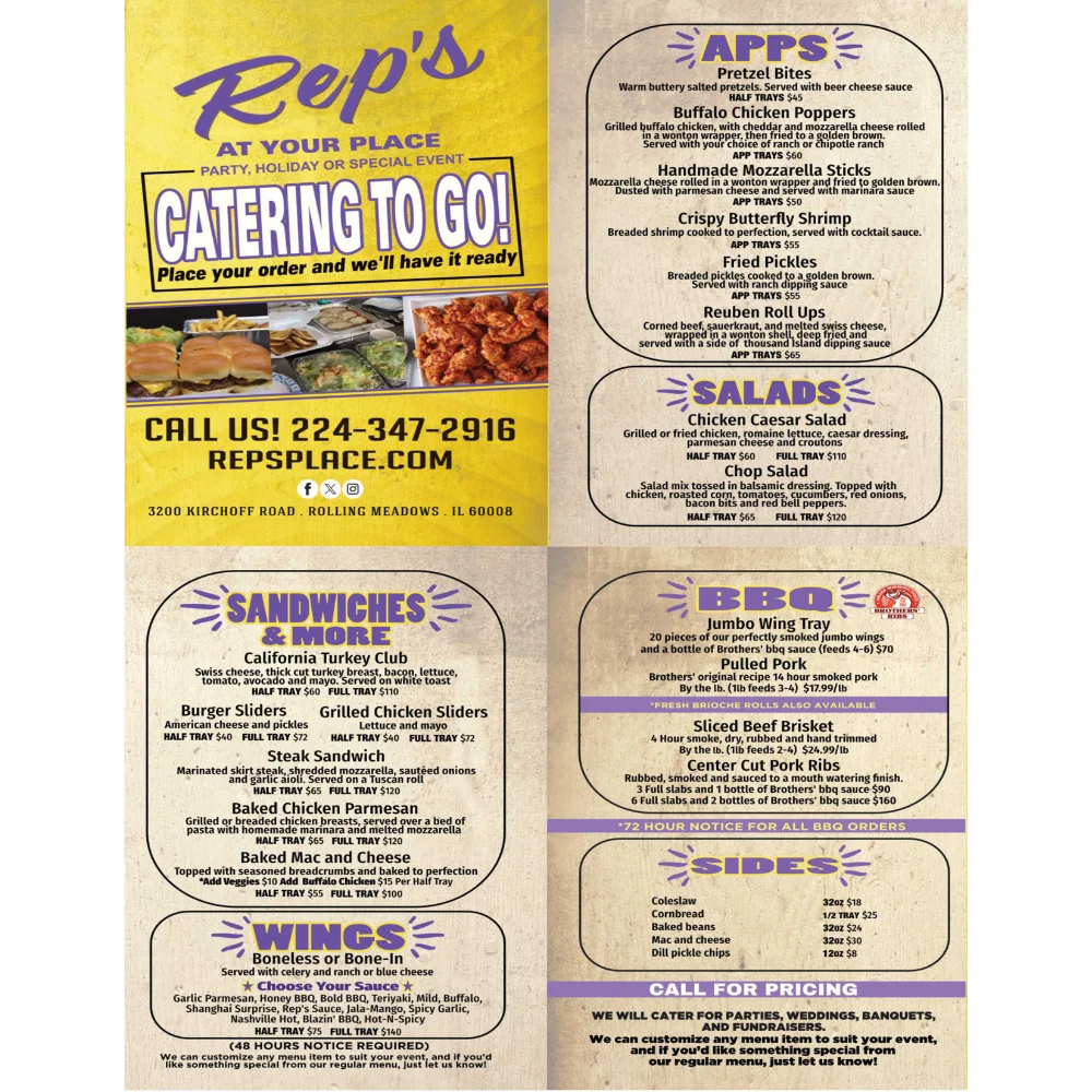 Catering menu featuring appetizers, sandwiches, and BBQ options