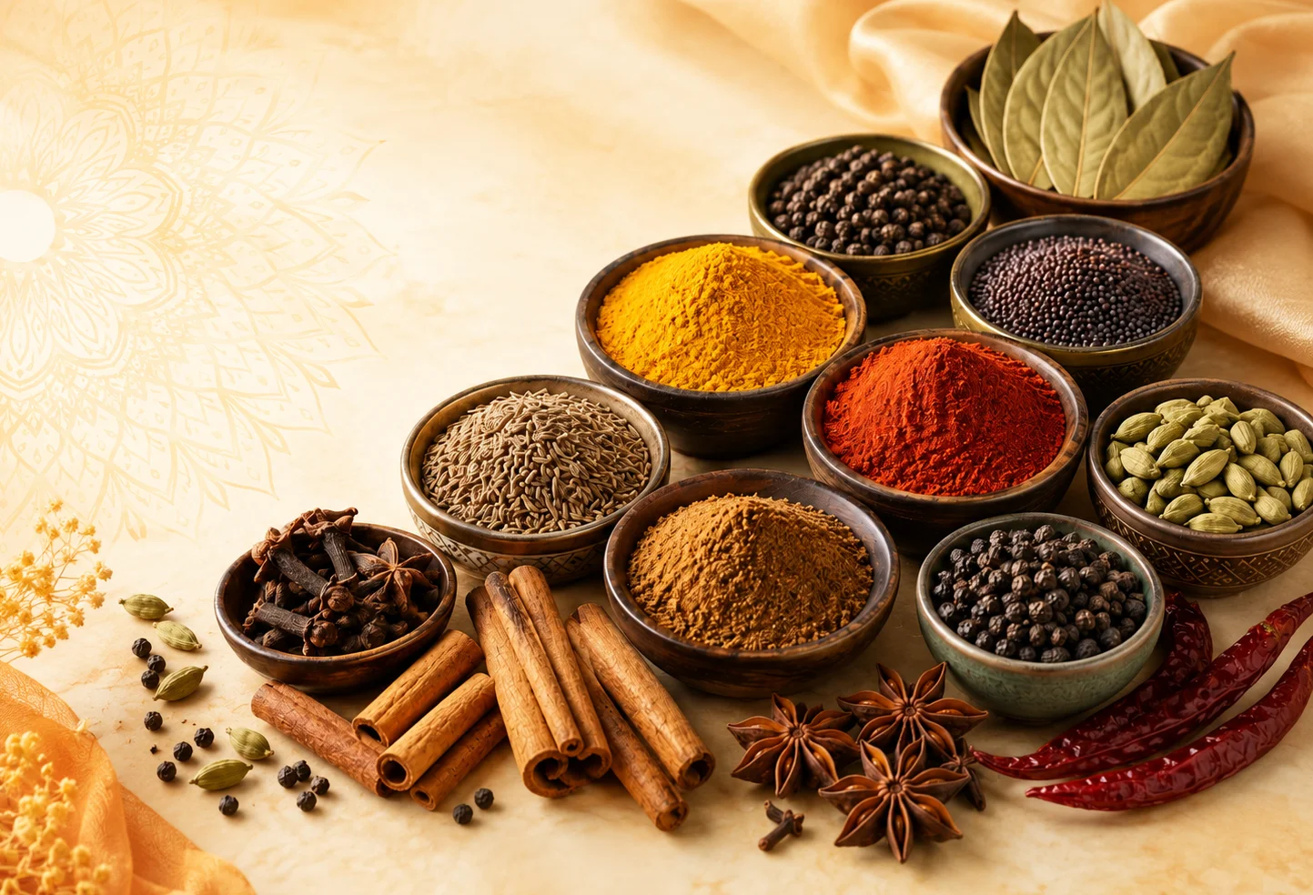 Variety of spices in bowls, including turmeric, cumin, and cinnamon sticks.