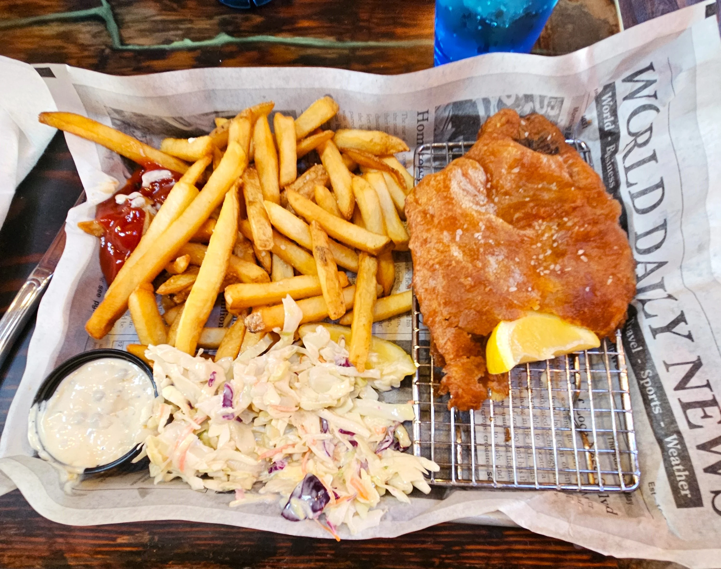 Southern fried catfish with fries and coleslaw