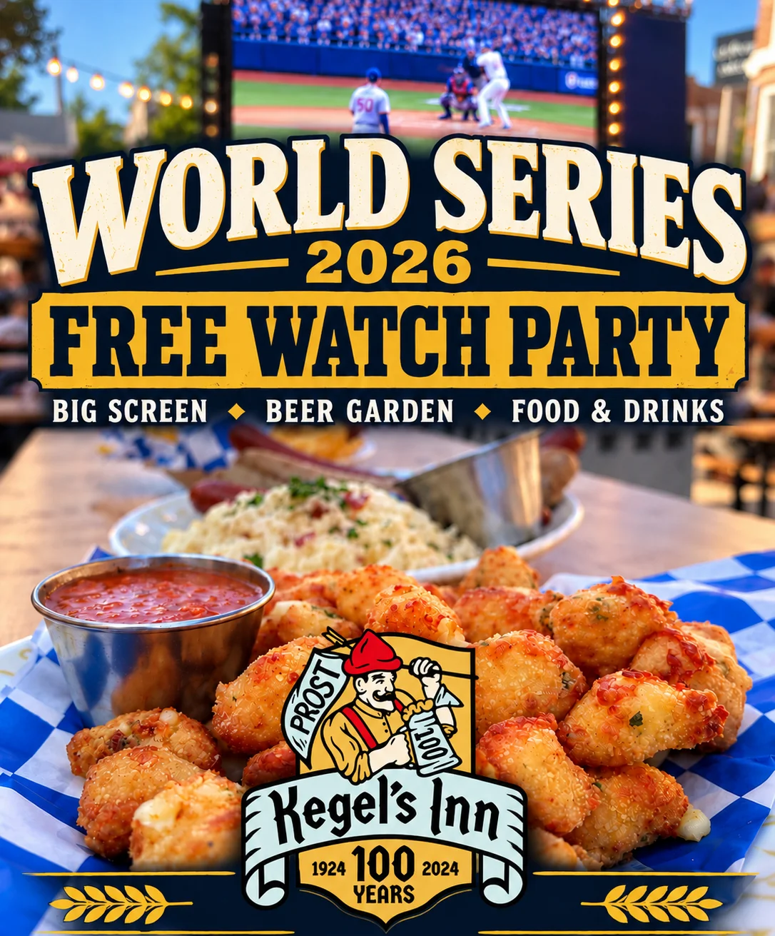 Restaurant watch party graphic with pretzel bites and baseball on a big screen