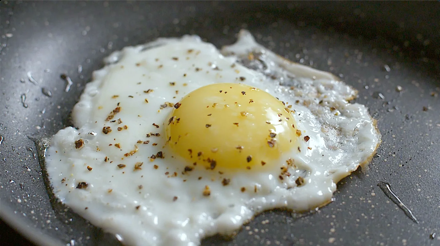 Fried egg with a golden yolk in a skillet