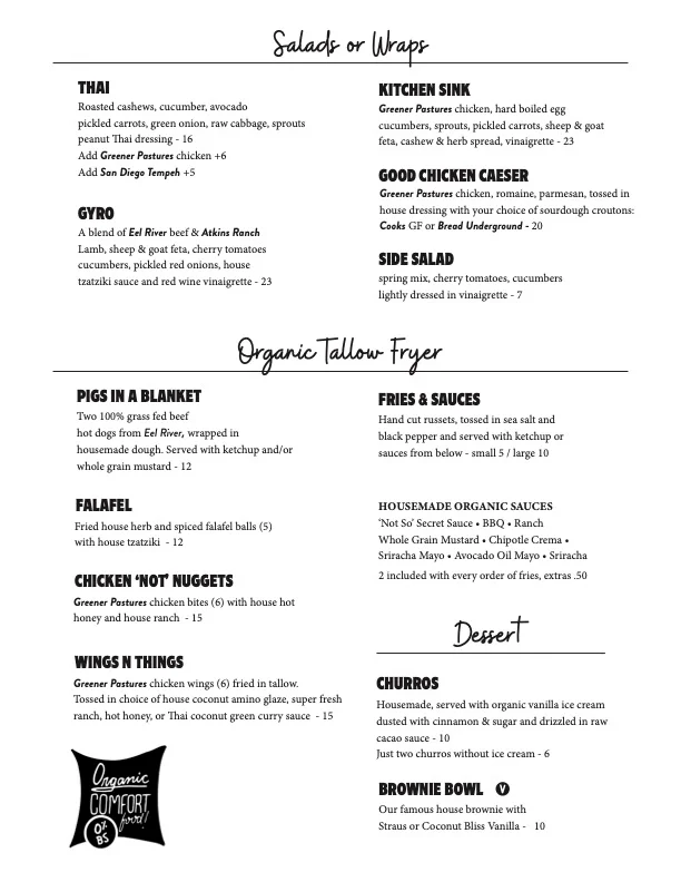 Menu featuring diverse salads, wraps, and fried dishes