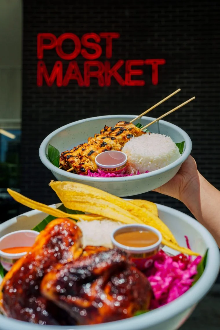 Grilled chicken skewers with rice and plantains in a vibrant bowl