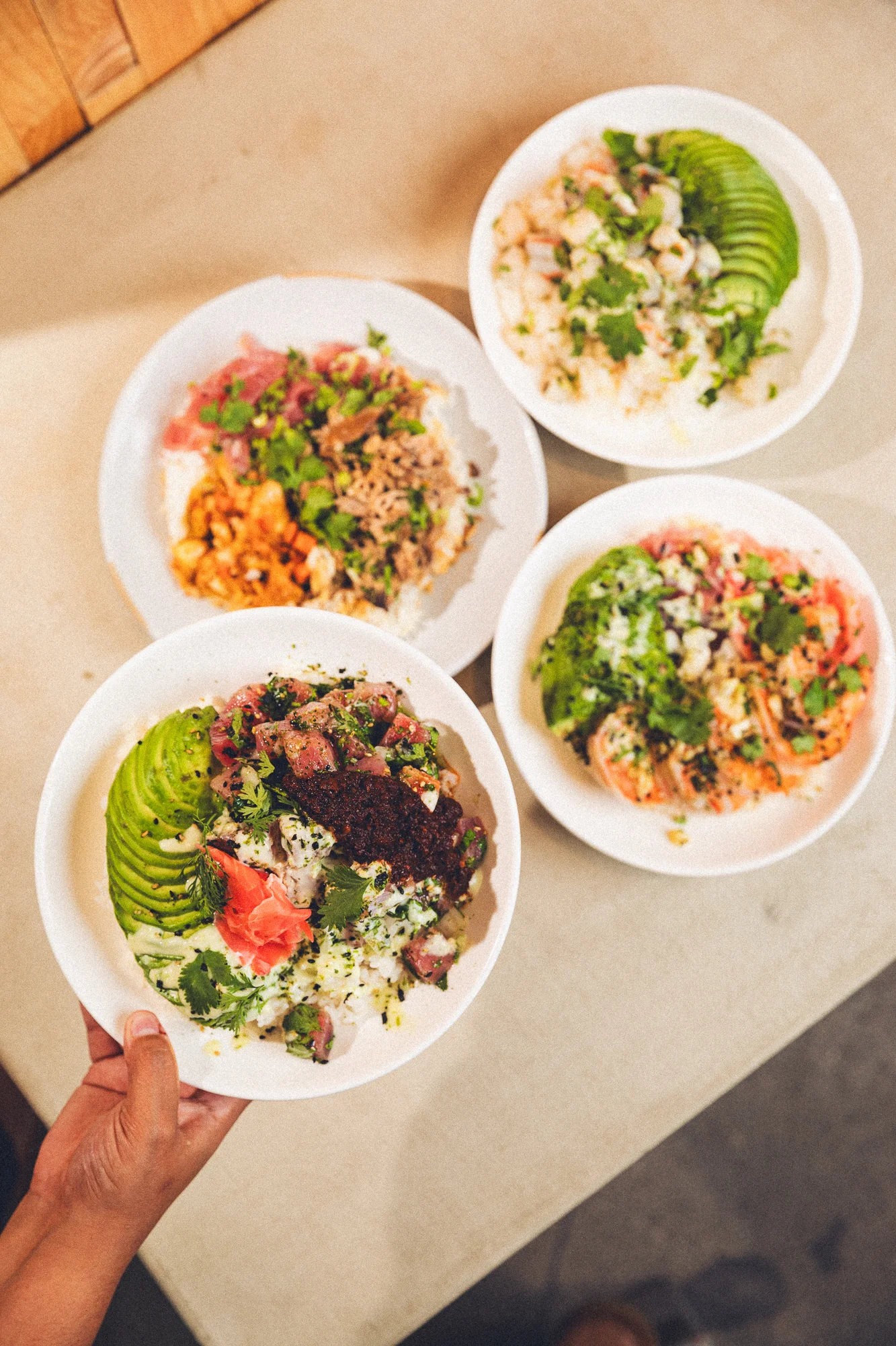 Hawaiian poke bowl with seared tuna and fresh toppings