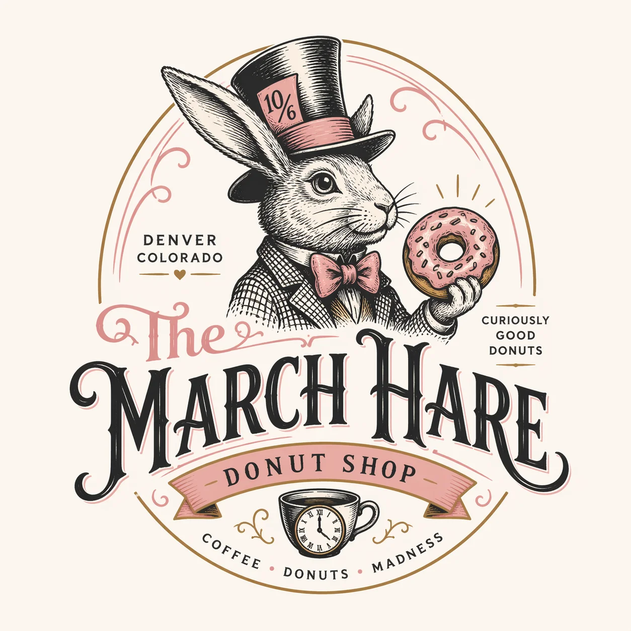 Illustrative logo of The March Hare Donut Shop featuring a rabbit and donut