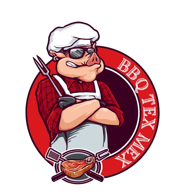 Cartoon pig chef in sunglasses promoting BBQ Tex-Mex cuisine