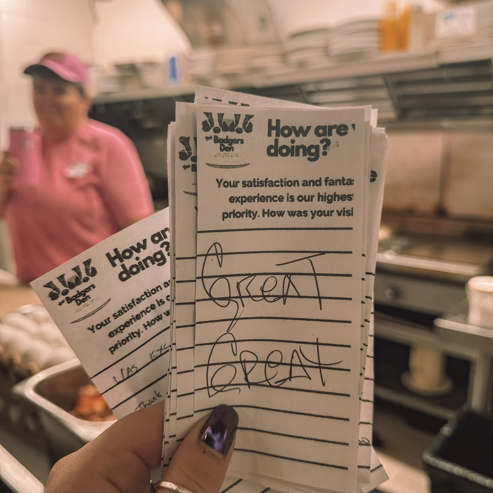 Customer feedback forms at a cozy diner