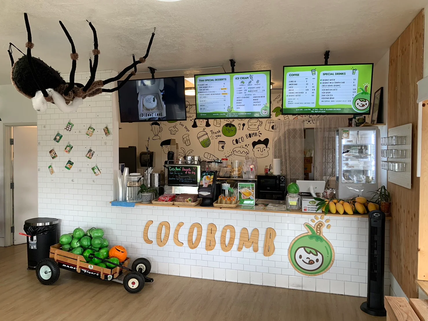 Cozy café interior with a vibrant menu display