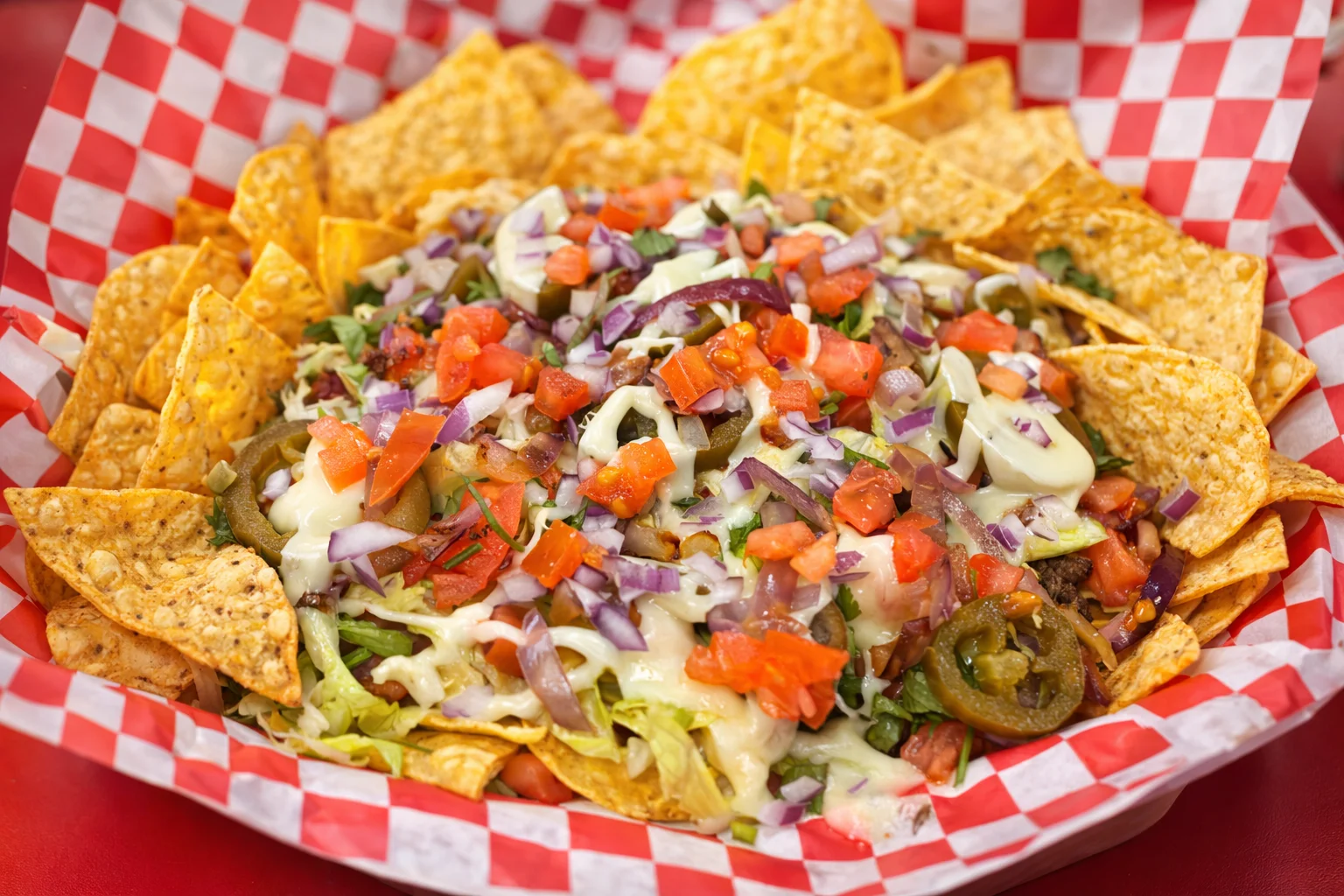 Loaded nachos with toppings in a vibrant basket