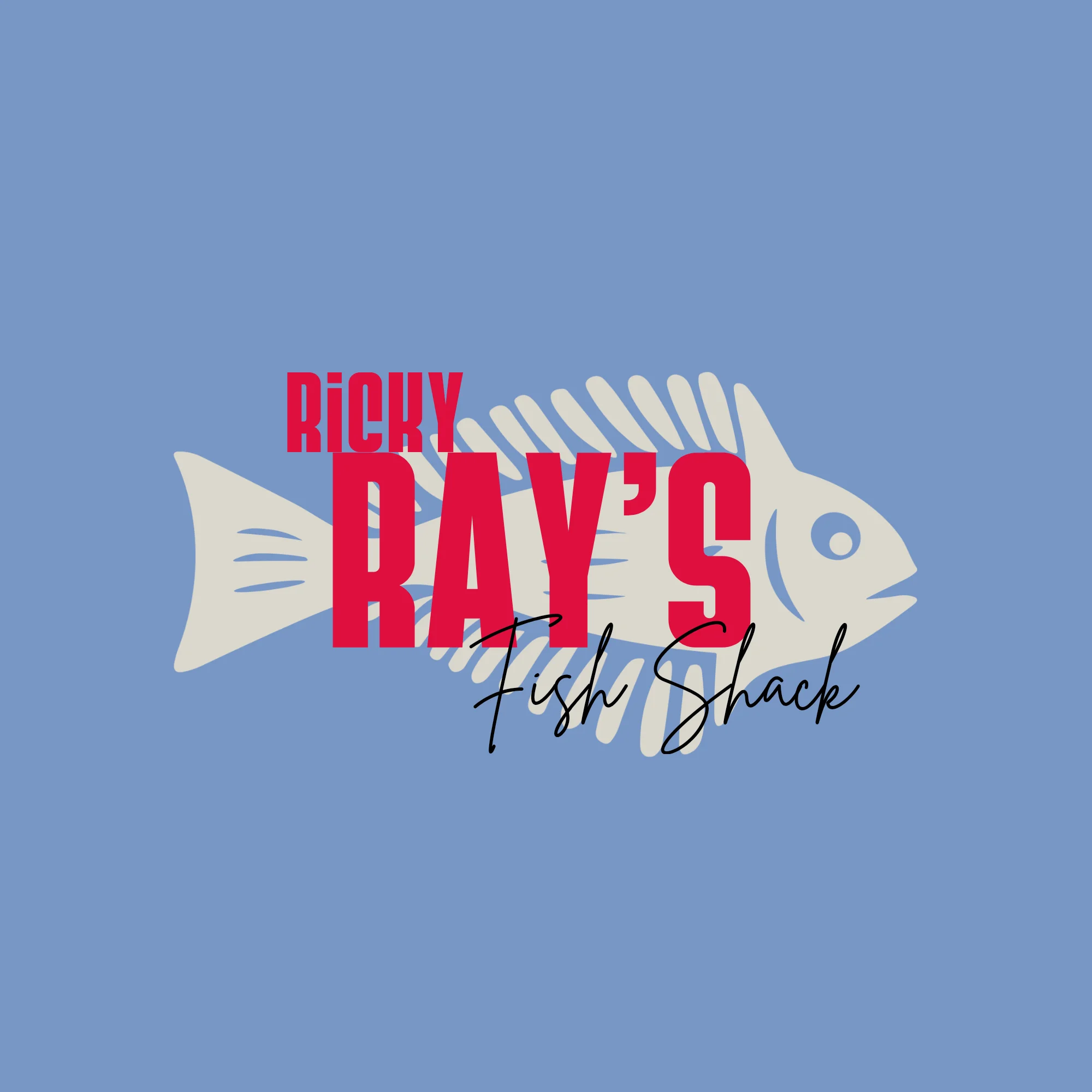 A logo design featuring a stylized fish graphic with the name 'Ricky Ray's Fish Shack' prominently displayed in bold red and black text against a light blue background.