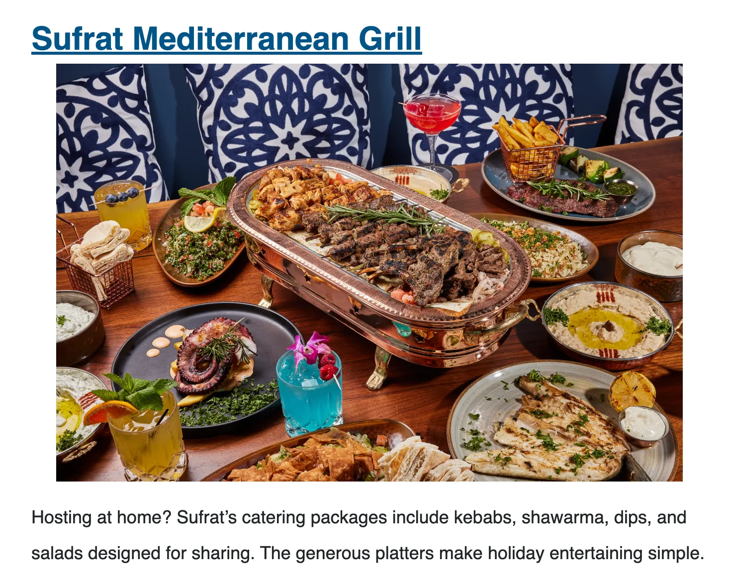 Hosting at home? Sufrat’s catering packages include kebabs, shawarma, dips, and salads designed for sharing. The generous platters make holiday entertaining simple.