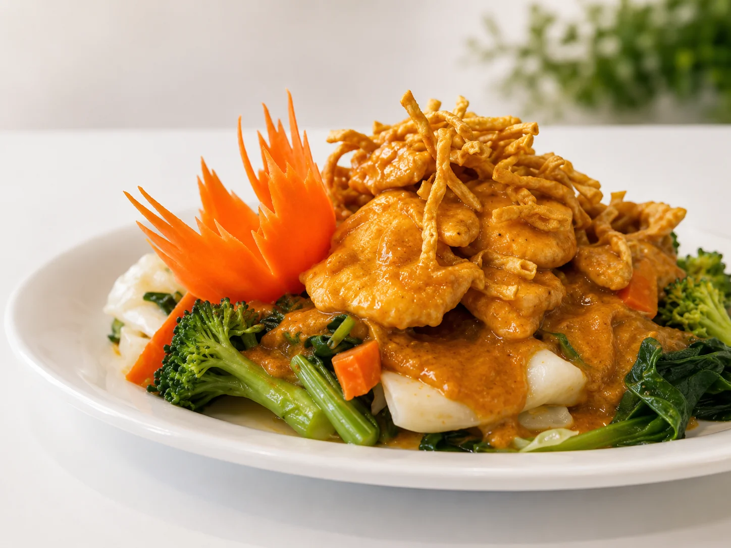 Thai peanut chicken with vegetables and crispy noodles