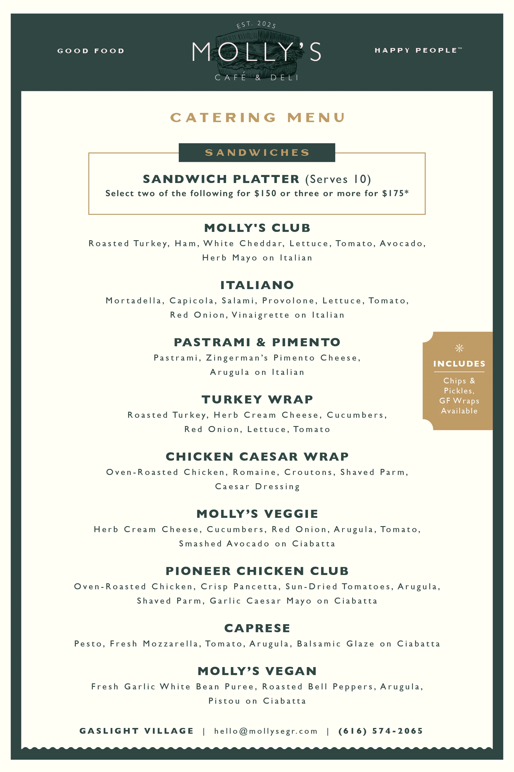Catering menu featuring sandwiches, wraps, and Italian-inspired deli offerings