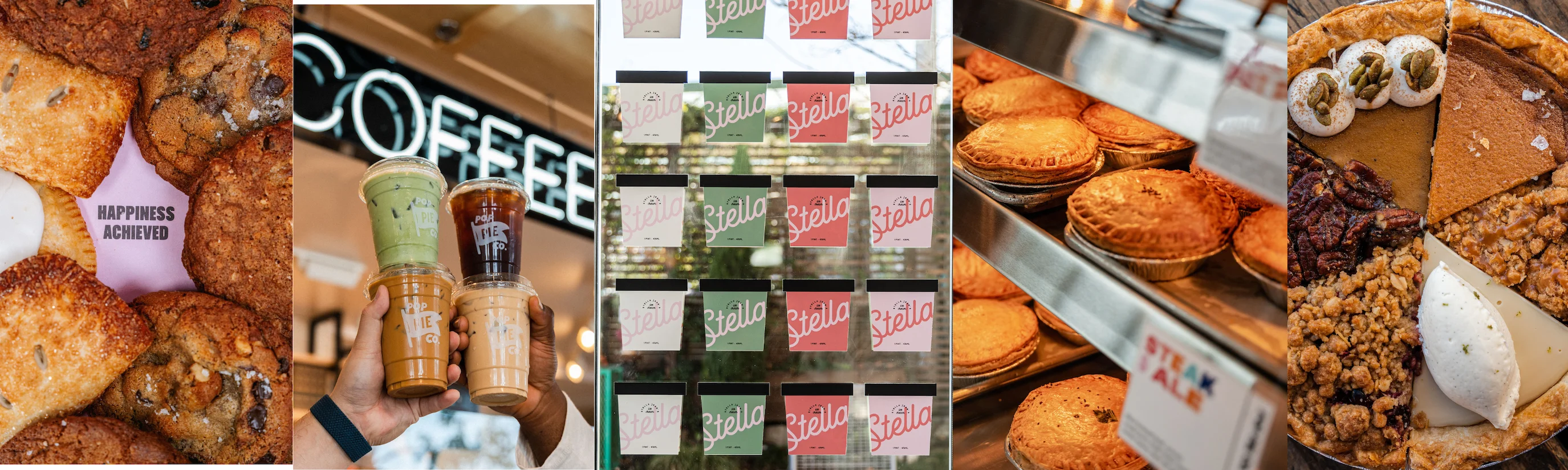 Assorted baked goods and coffee drinks in a cozy café setting