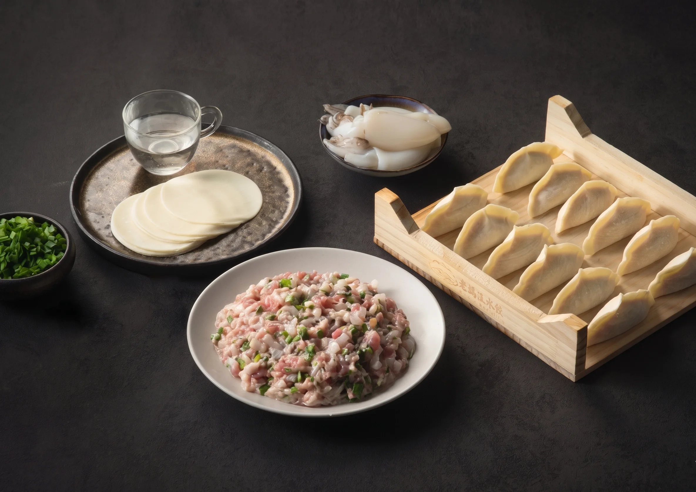Ingredients for making dumplings: meat, wrappers, and seasonings.