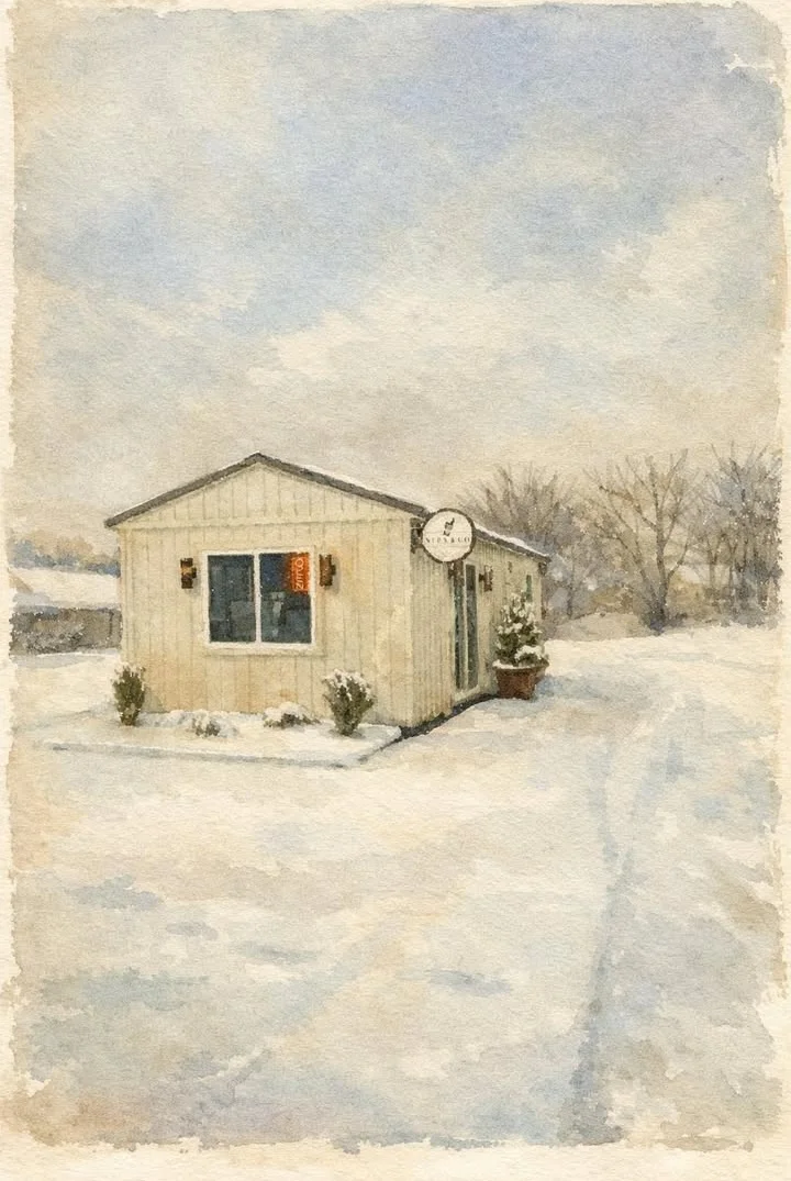 Charming restaurant exterior in winter snow