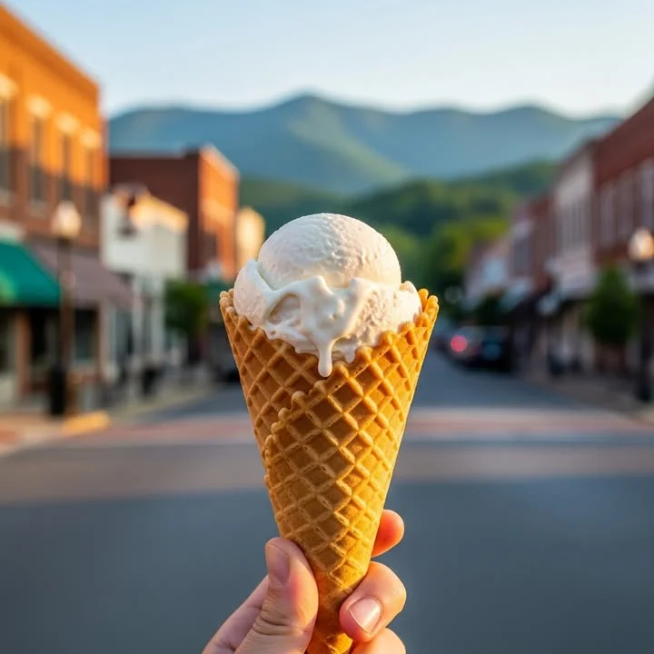 Delicious vanilla ice cream cone in a charming street setting